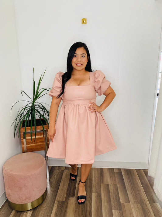 Remember Me Faux Leather BabyDoll Dress (Blush)